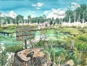 Watercolor painting of a wetland with a tree stump, frog figure, wooden sign, and marsh plants.