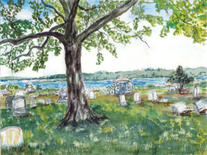 Watercolor painting of a cemetery with gravestones, a large tree, and a lake in the background.
