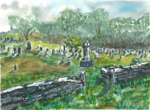 Watercolor painting of a cemetery with gravestones, stone wall, trees, and cloudy sky.