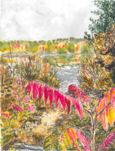 Watercolor painting of an autumn landscape with colorful foliage, a river, and an overcast sky.