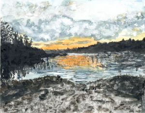 Painting of the sunset at the Wickett Pond boat launch