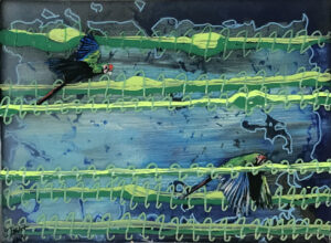 a painting of two birds on a blue background entangled in green strings with coils around the strings.