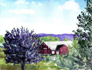 Watercolor painting of a red barn with white roof among green trees and purple hills.