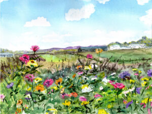 Watercolor painting of a colorful flower garden with fields, hills, buildings, and blue sky.