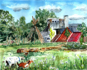 Watercolor painting of a rustic farmhouse with two goats grazing in a green field.