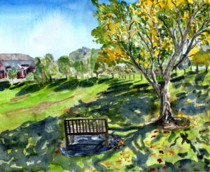 Watercolor painting of a wooden bench under a large tree with autumn leaves in a sunny park.