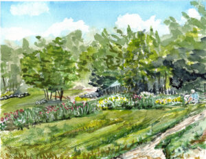 Watercolor garden scene with green grass, trees, colorful flowers, pathway, wooden fence, and person.