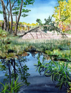 Watercolor painting of a calm pond reflecting trees and greenery with a fallen tree over grass.