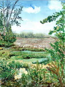 Watercolor painting of a lush green landscape with trees, grass, and a blue sky with clouds.