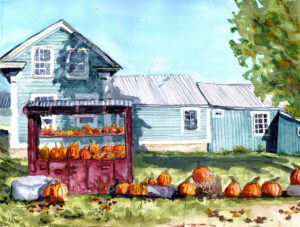 Watercolor painting of a blue house with a red stand and pumpkins on grass and stones.