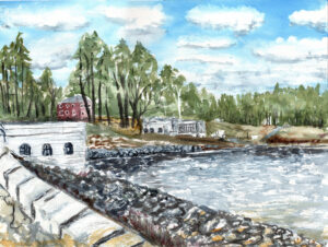 Riverside watercolor painting with stone embankment, three buildings, trees, and cloudy sky.