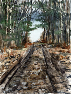 Watercolor painting of a muddy dirt path or old railway through a dense forest.