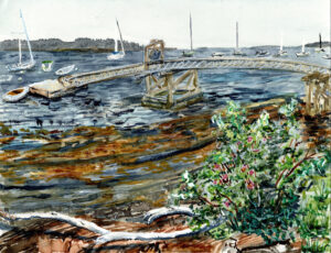 Watercolor painting of a wooden dock, sailboats on water, rocky shore, and greenery with flowers.