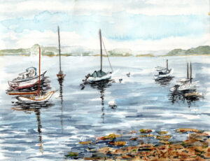 Watercolor painting of small boats anchored on calm water near rocky shoreline and distant land.