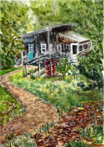 Watercolor painting of a rustic house with teal door, slanted roof, garden, and winding path.