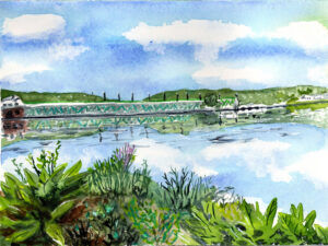 Watercolor painting of a river with green plants, a bridge, hills, and a blue sky with clouds.