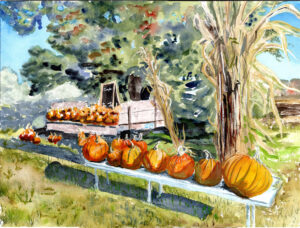 Watercolor painting of pumpkins on a bench and in a cart beside dried corn stalks outdoors.