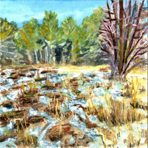Watercolor painting of a winter landscape with snow patches, dry grass, green trees, and a bare tree.