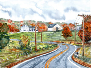 Watercolor painting of a winding road with utility poles, autumn trees, green fields, and white houses.