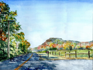 Watercolor painting of a rural road with trees, utility poles, a mailbox, a fenced field, and mountains.