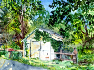 Watercolor painting of a white wooden shed with vines, surrounded by trees and a mailbox.