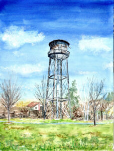 Watercolor painting of a rusty elevated water tower with trees and a red-roofed house nearby.