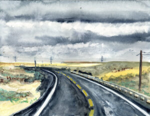 Watercolor painting of a curved rural road with yellow lines, guardrails, fields, and cloudy sky.