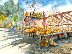Watercolor painting of an outdoor market stand with pumpkins and gourds under a wooden canopy.