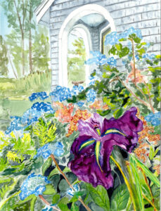Watercolor painting of a garden with purple, blue, and pink flowers near a gray building.