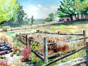Watercolor painting of a fenced garden with plants, surrounding fields, trees, and a distant red barn.