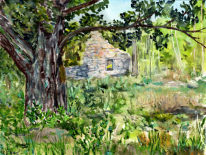 Watercolor painting of a large tree and an old stone wall amid green plants in a forest.