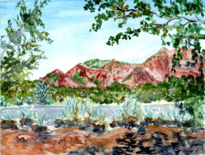 Watercolor painting of red rock mountains, green trees, bushes, and dry soil under a blue sky.